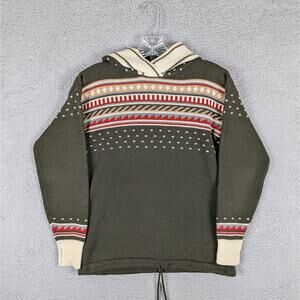 Vintage 1960s Hand Full Fashioned Hoodie Adult Small Green Fair Isle Pullover